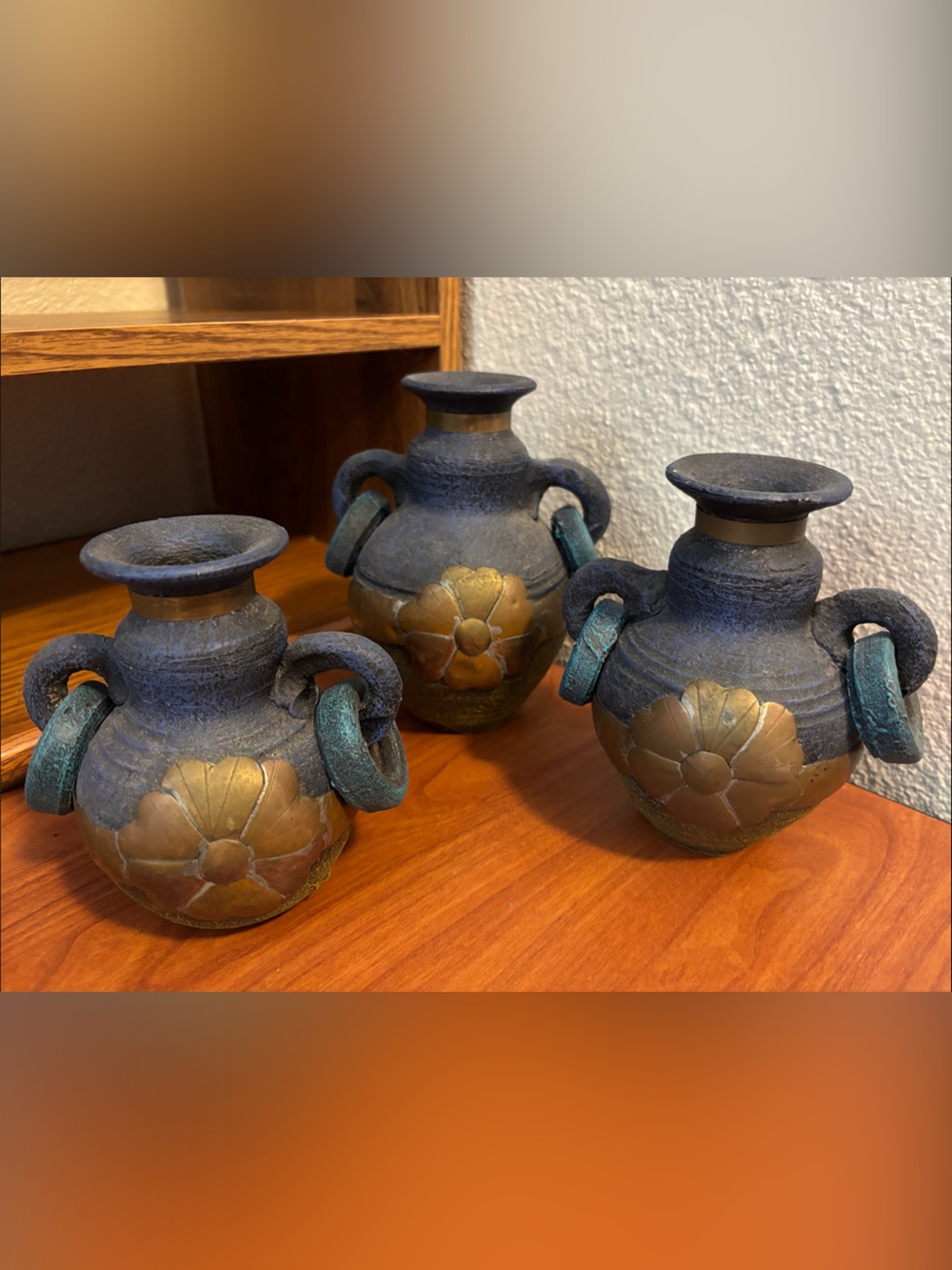 Vintage Mexican Pottery Blue and Teal Folk Art Vases with Brass Flower